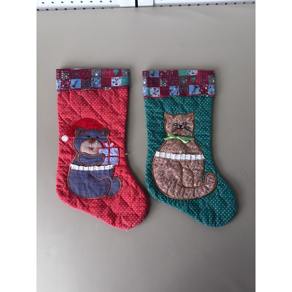 VTG Avon‎ Quilted Christmas Stockings Set of 2 Bear Cat Multicolor Cotton Fabric